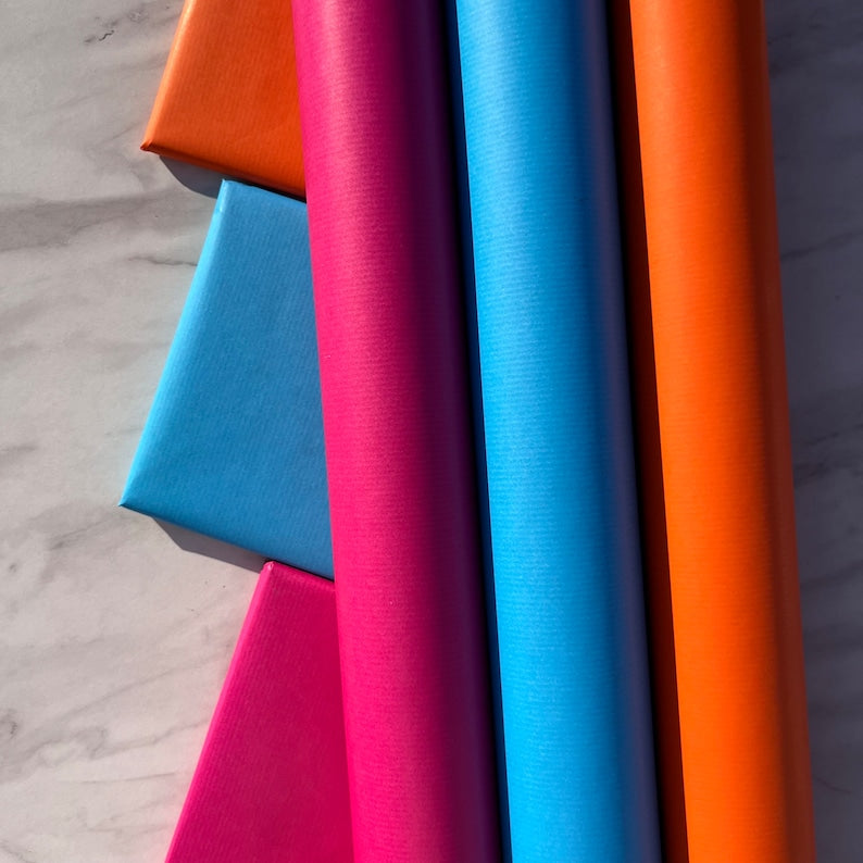 Wrapping Paper Pink Orange and Blue 50CM Wide Eco Friendly, 100% Recycled Kraft | Recyclable, Sustainable, Plastic Free Gift Wrap