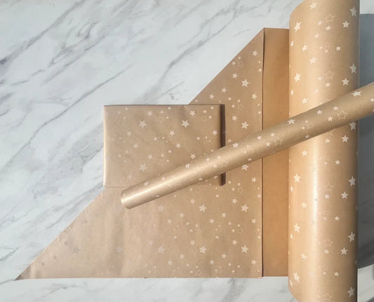 Wrapping Paper White Stars 50CM Wide Eco Friendly, 100% Recycled Kraft | Recyclable, Sustainable, Plastic Free Gift Wrap