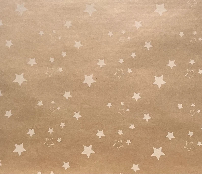 Wrapping Paper White Stars 50CM Wide Eco Friendly, 100% Recycled Kraft | Recyclable, Sustainable, Plastic Free Gift Wrap
