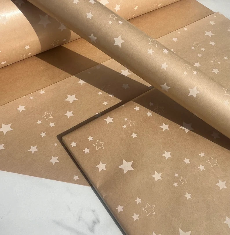 Wrapping Paper White Stars 50CM Wide Eco Friendly, 100% Recycled Kraft | Recyclable, Sustainable, Plastic Free Gift Wrap