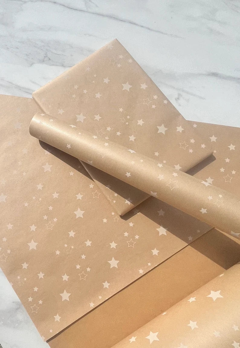 Wrapping Paper White Stars 50CM Wide Eco Friendly, 100% Recycled Kraft | Recyclable, Sustainable, Plastic Free Gift Wrap