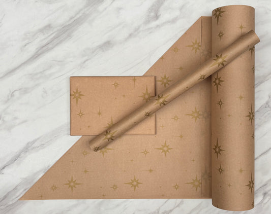 Wrapping Paper Christmas Gold Stars 50CM Wide Eco Friendly, 100% Recycled Kraft | Recyclable, Sustainable, Plastic Free Gift Wrap