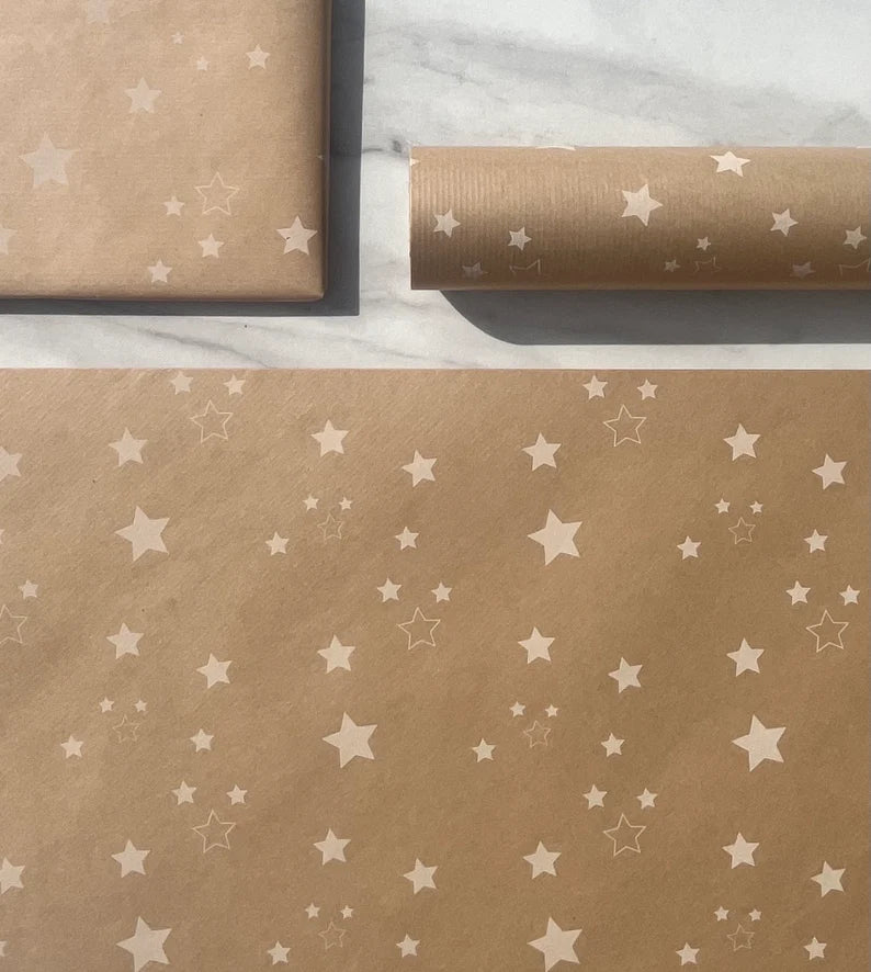 Wrapping Paper White Stars 50CM Wide Eco Friendly, 100% Recycled Kraft | Recyclable, Sustainable, Plastic Free Gift Wrap