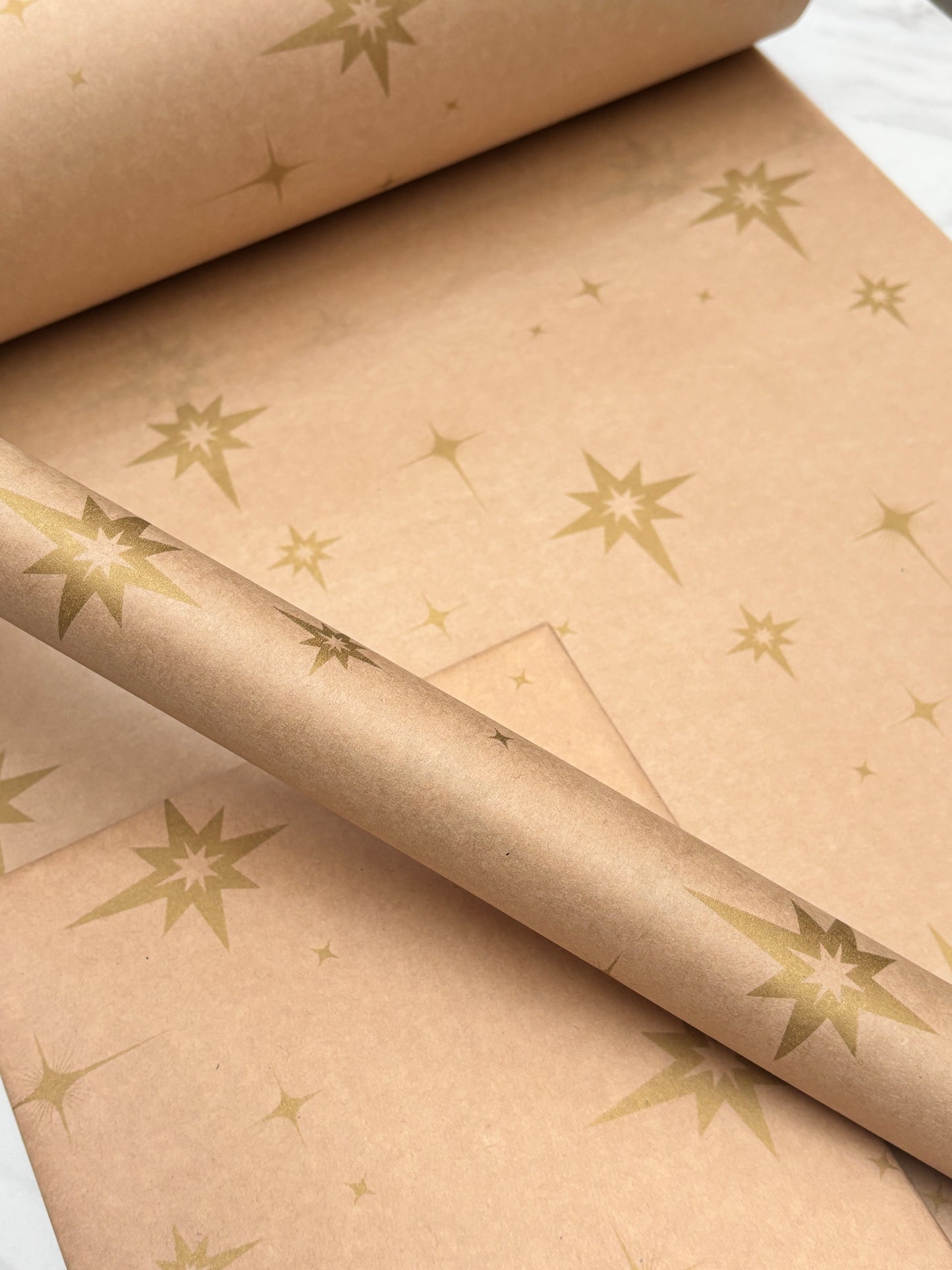 Wrapping Paper Christmas Gold Stars 50CM Wide Eco Friendly, 100% Recycled Kraft | Recyclable, Sustainable, Plastic Free Gift Wrap