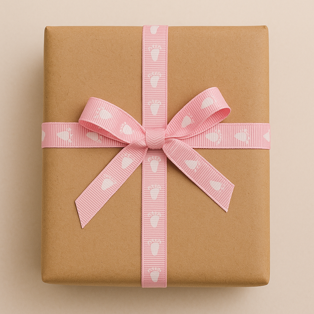 Pink grosgrain ribbon with baby footprints – ideal for gifts & baby showers