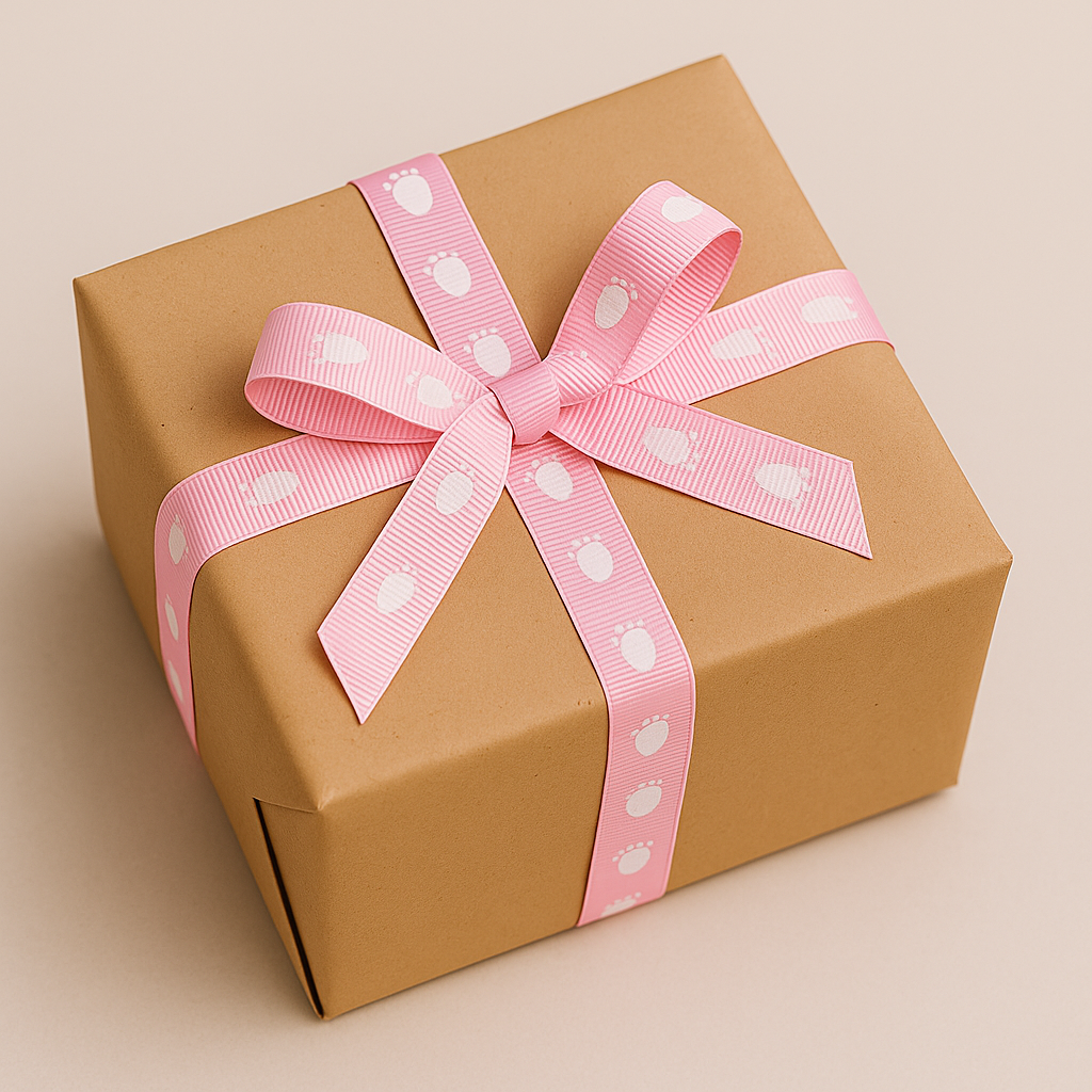 Pink grosgrain ribbon with baby footprints – ideal for gifts & baby showers