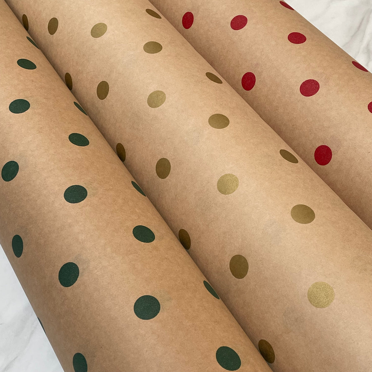 Christmas Red, Green & Gold Spots Kraft Wrapping Paper – 3 Colour Bundle