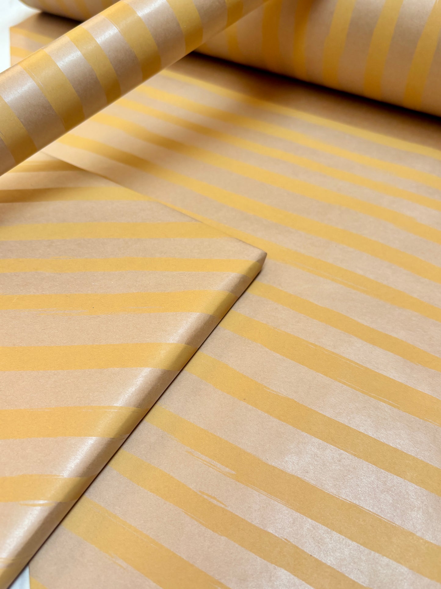 Wrapping Paper Yellow Painted Stripes 50CM Wide Eco Friendly, 100% Recycled Kraft | Recyclable, Sustainable, Plastic Free Gift Wrap