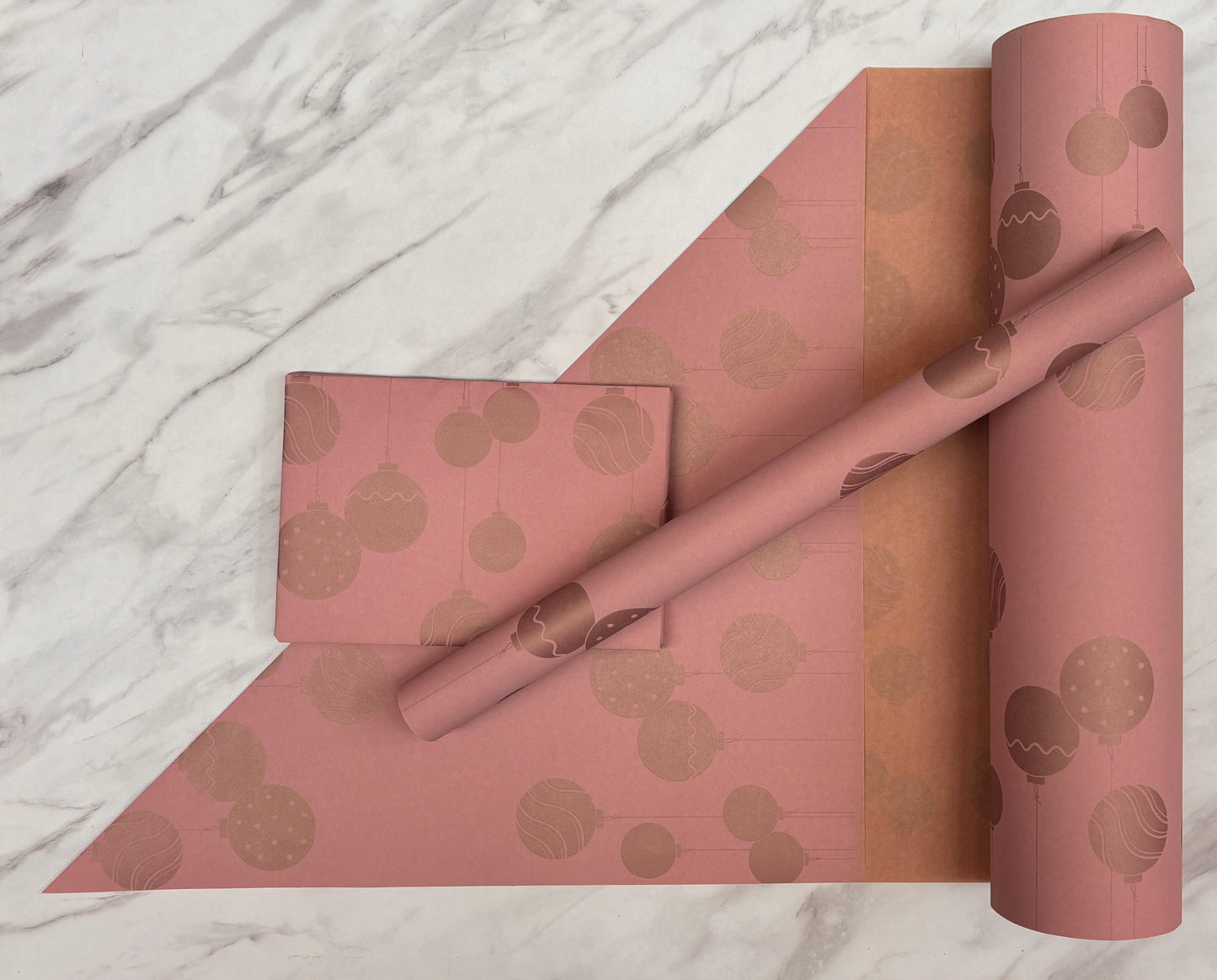 Christmas Wrapping Paper Pink & Rose Gold Baubles 50CM Wide Eco Friendly, 100% Recycled Kraft | Recyclable, Sustainable, Plastic Free Gift Wrap