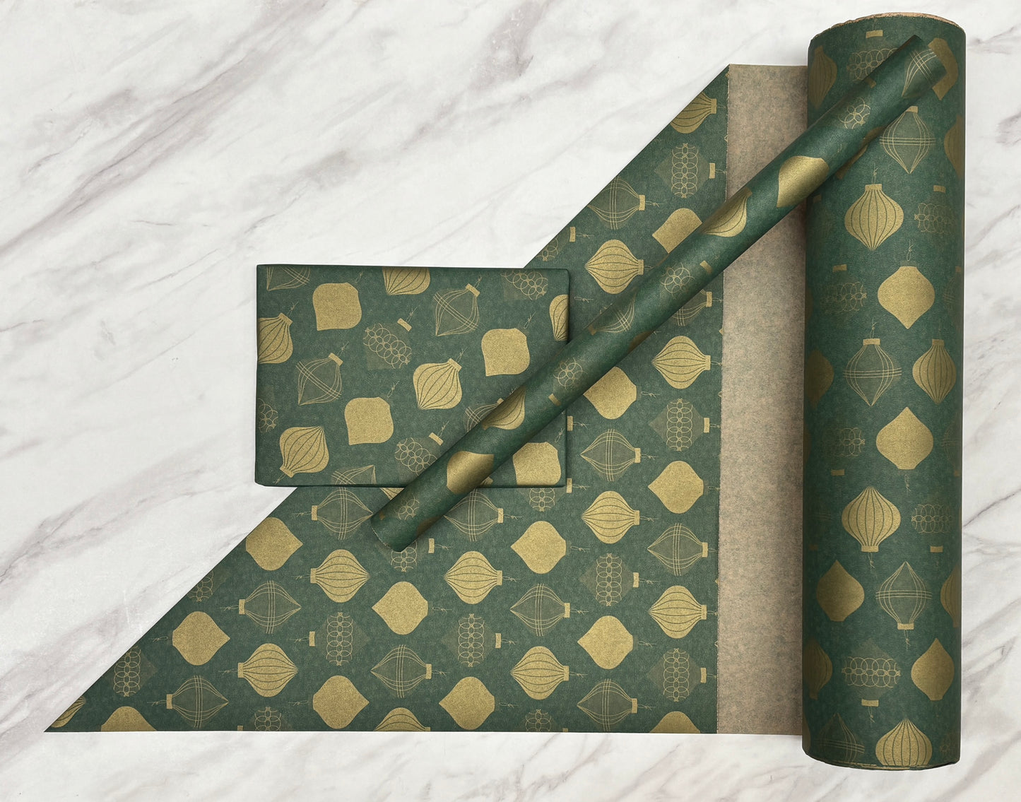 Wrapping Paper Christmas Green & Gold Baubles 50CM Wide Eco Friendly, 100% Recycled Kraft | Recyclable, Sustainable, Plastic Free Gift Wrap