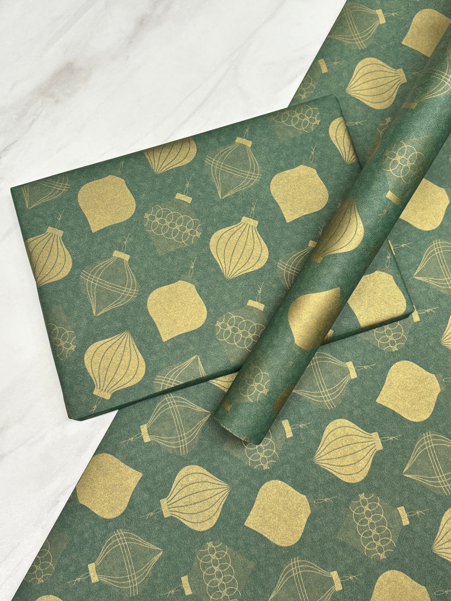 Wrapping Paper Christmas Green & Gold Baubles 50CM Wide Eco Friendly, 100% Recycled Kraft | Recyclable, Sustainable, Plastic Free Gift Wrap