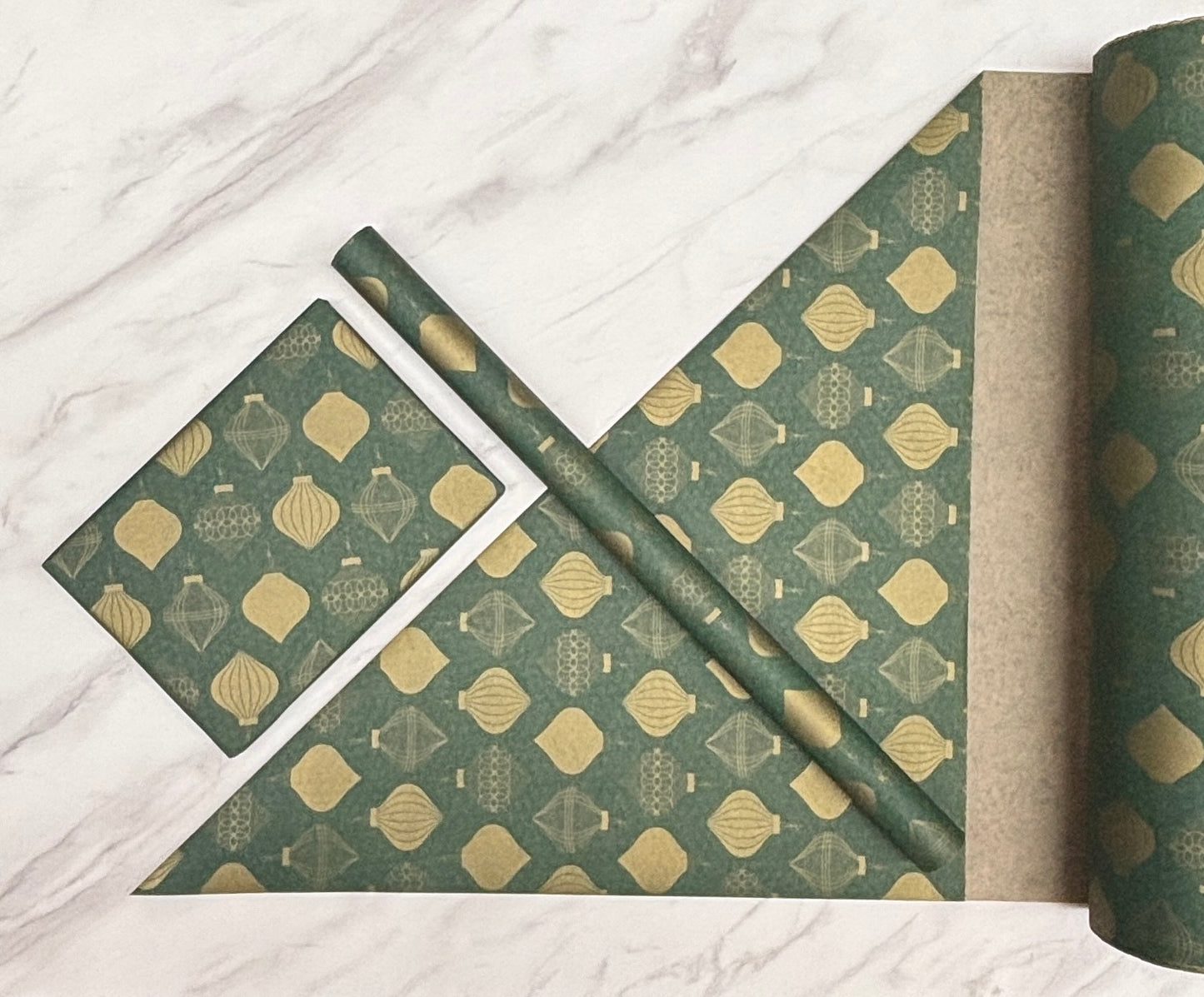 Wrapping Paper Christmas Green & Gold Baubles 50CM Wide Eco Friendly, 100% Recycled Kraft | Recyclable, Sustainable, Plastic Free Gift Wrap