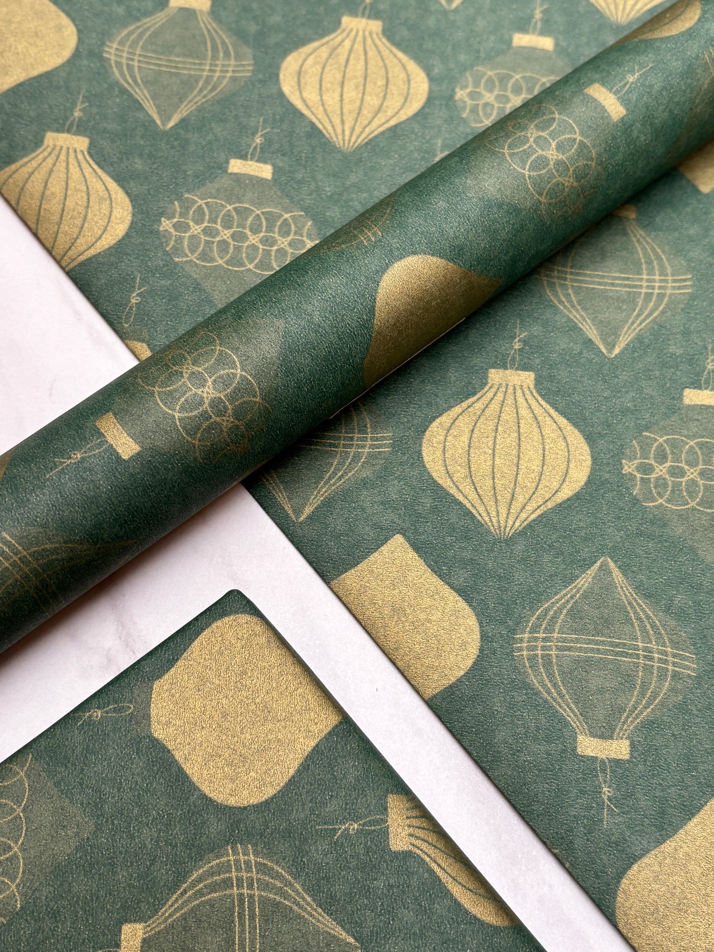 Wrapping Paper Christmas Green & Gold Baubles 50CM Wide Eco Friendly, 100% Recycled Kraft | Recyclable, Sustainable, Plastic Free Gift Wrap