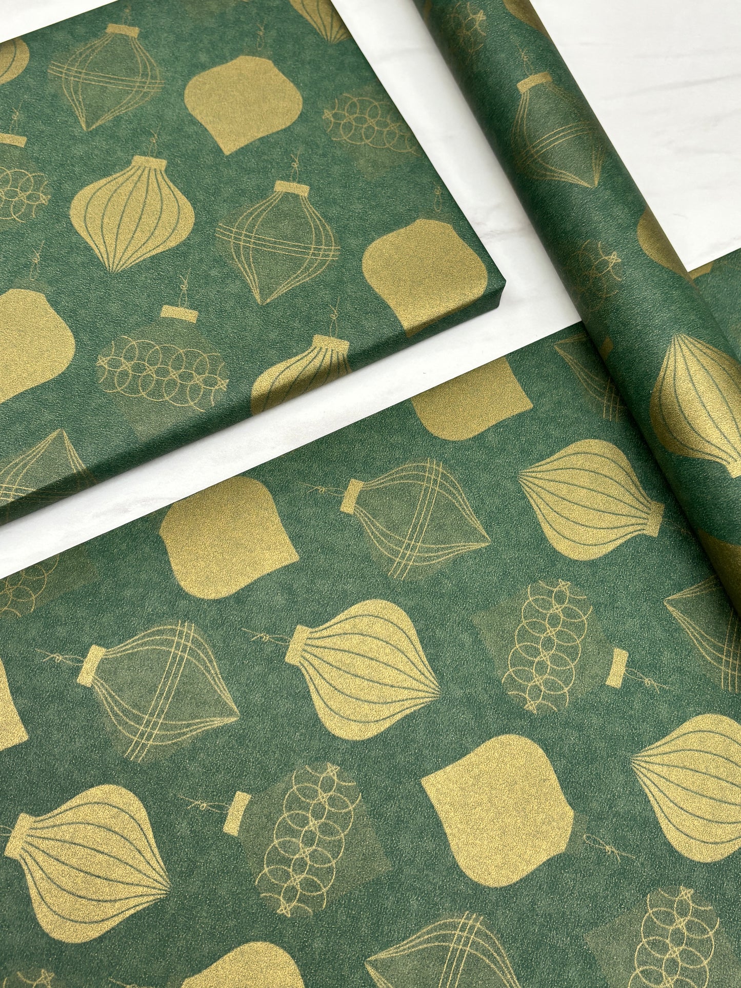 Wrapping Paper Christmas Green & Gold Baubles 50CM Wide Eco Friendly, 100% Recycled Kraft | Recyclable, Sustainable, Plastic Free Gift Wrap
