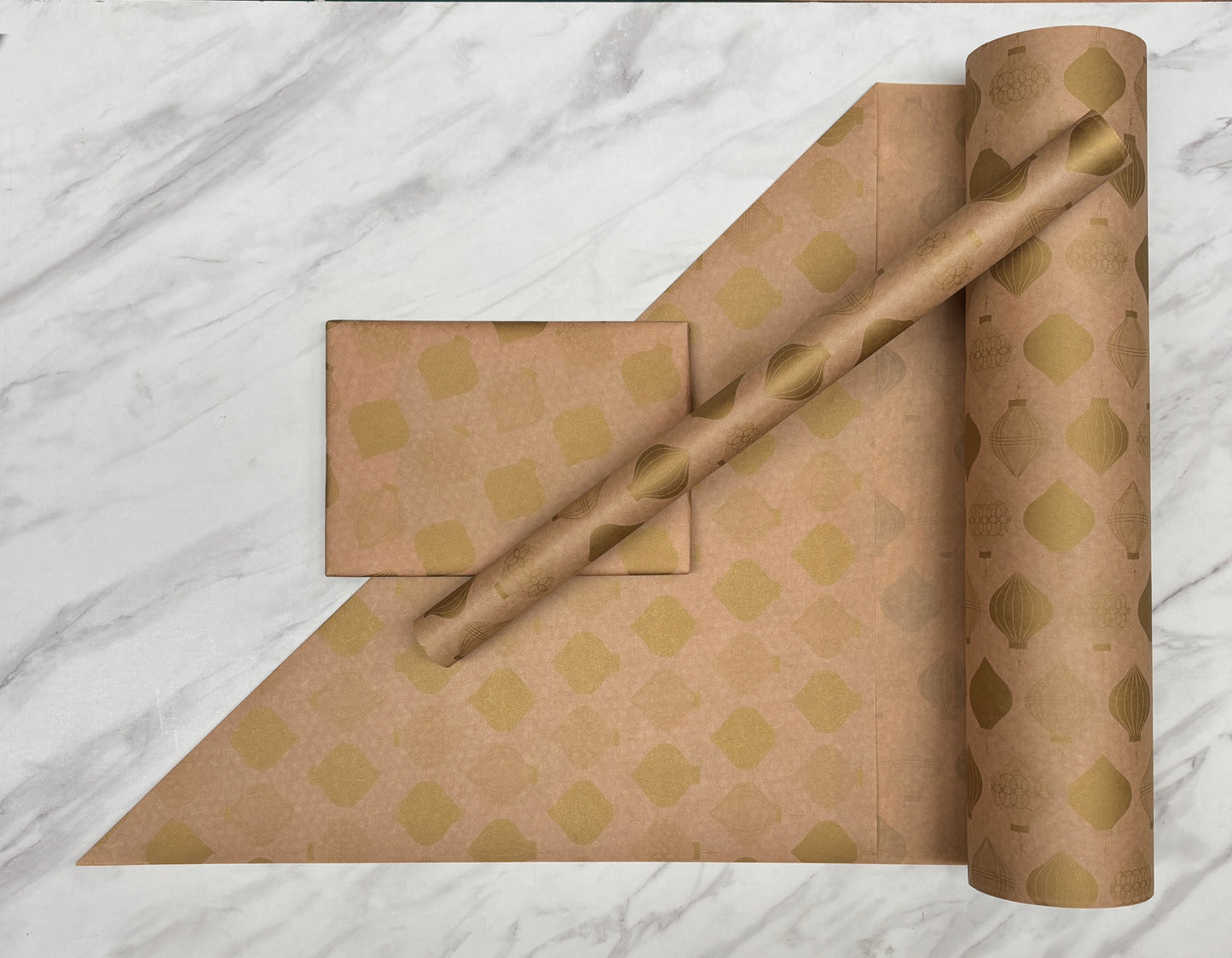 Christmas Wrapping Paper Gold Baubles 50CM Wide Eco Friendly, 100% Recycled Kraft | Recyclable, Sustainable, Plastic Free Gift Wrap