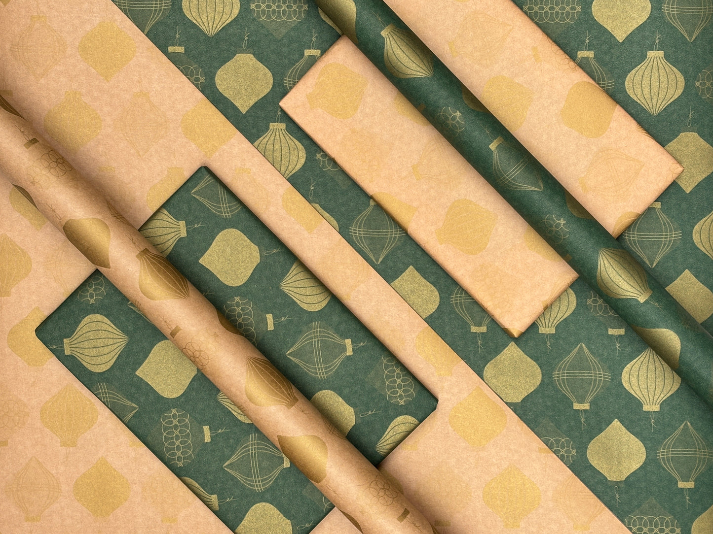 Wrapping Paper Christmas Green & Gold Baubles 50CM Wide Eco Friendly, 100% Recycled Kraft | Recyclable, Sustainable, Plastic Free Gift Wrap