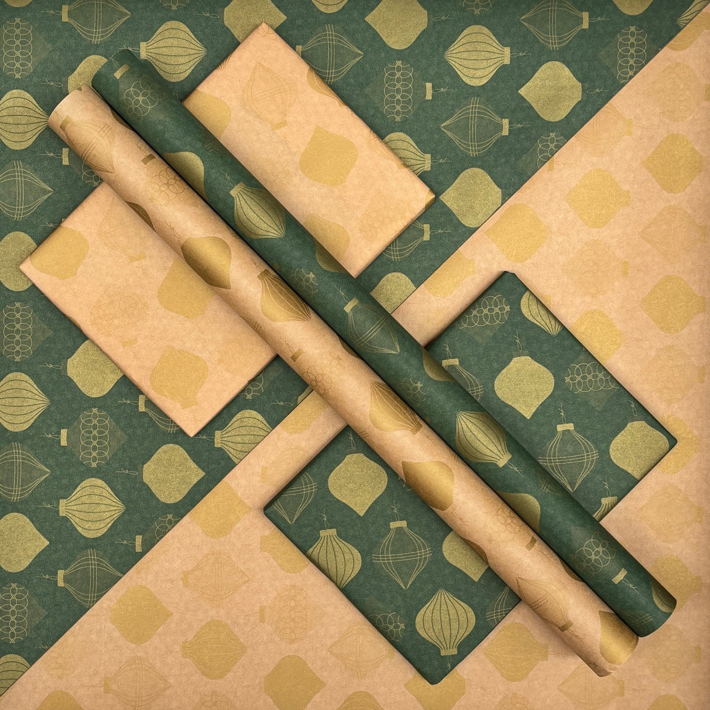 Wrapping Paper Christmas Green & Gold Baubles 50CM Wide Eco Friendly, 100% Recycled Kraft | Recyclable, Sustainable, Plastic Free Gift Wrap