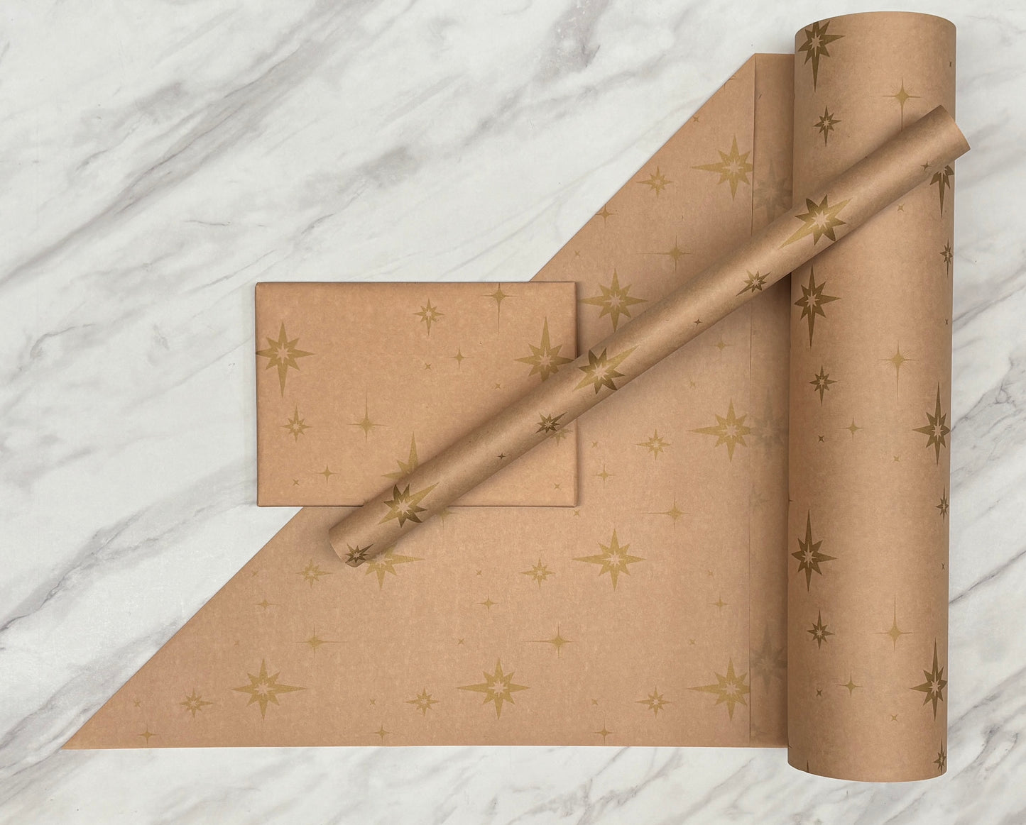 Christmas Wrapping Paper Gold Stars 50CM Wide Eco Friendly, 100% Recycled Kraft | Recyclable, Sustainable, Plastic Free Gift Wrap