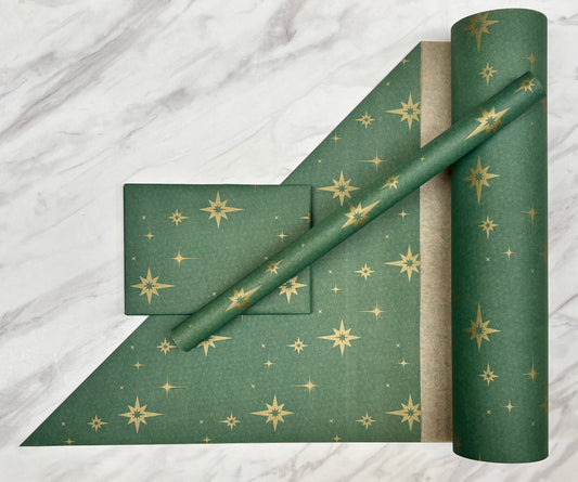 Wrapping Paper Christmas Green & Gold Stars 50CM Wide Eco Friendly, 100% Recycled Kraft | Recyclable, Sustainable, Plastic Free Gift Wrap