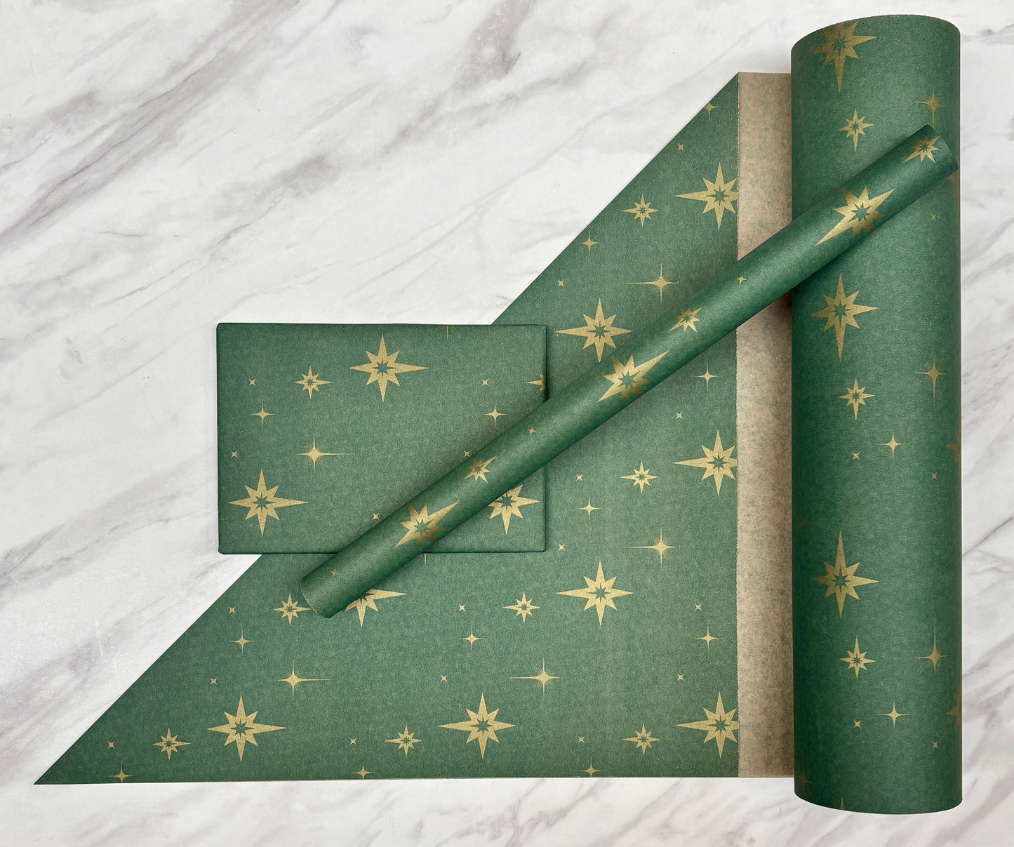 Christmas Wrapping Paper Green Gold Stars 50CM Wide Eco Friendly, 100% Recycled Kraft | Recyclable, Sustainable, Plastic Free Gift Wrap