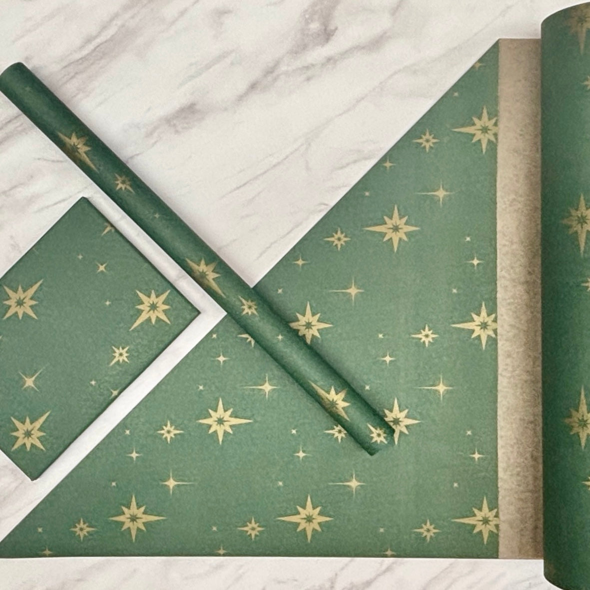 Wrapping Paper Christmas Green & Gold Stars 50CM Wide Eco Friendly, 100% Recycled Kraft | Recyclable, Sustainable, Plastic Free Gift Wrap