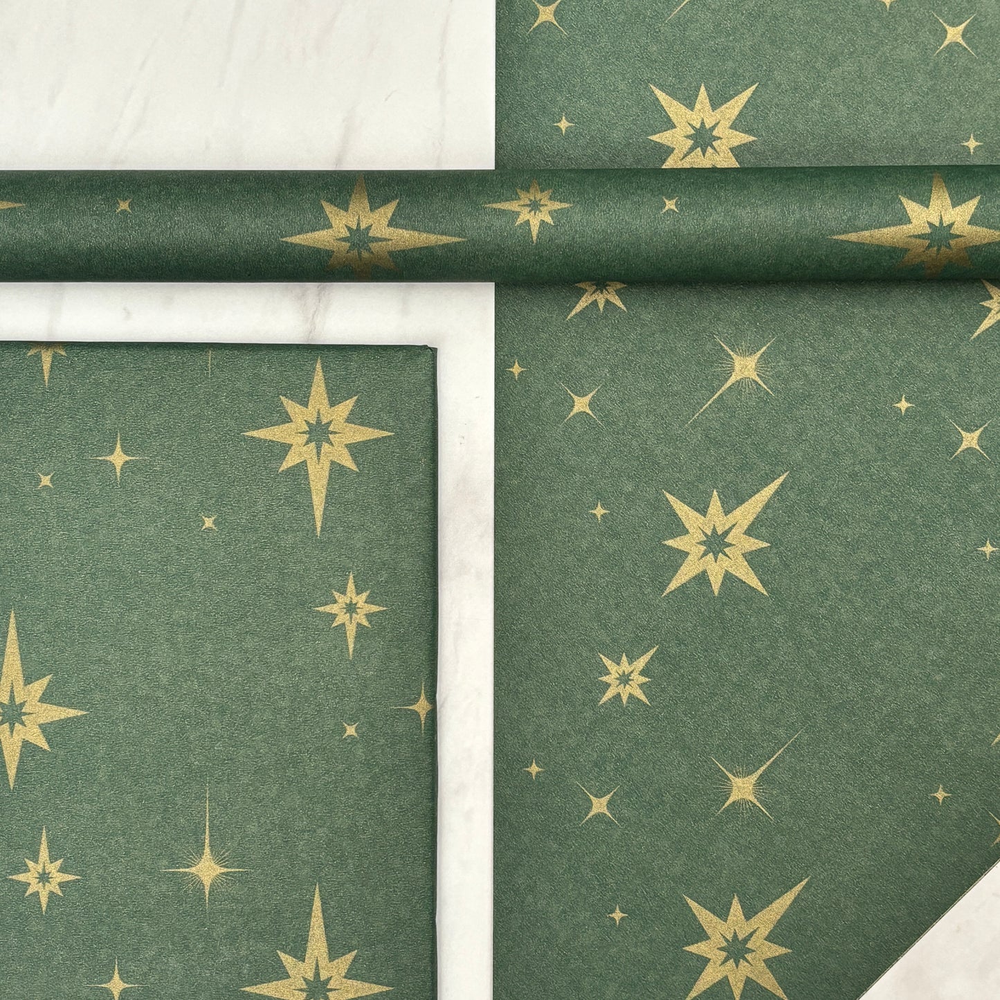 Wrapping Paper Christmas Green & Gold Stars 50CM Wide Eco Friendly, 100% Recycled Kraft | Recyclable, Sustainable, Plastic Free Gift Wrap