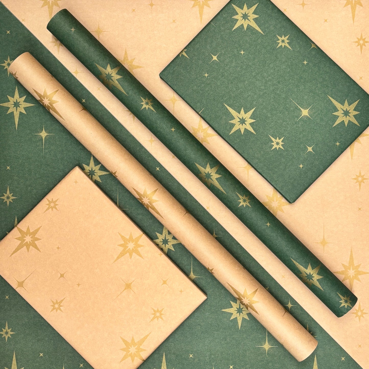 Wrapping Paper Christmas Green & Gold Stars 50CM Wide Eco Friendly, 100% Recycled Kraft | Recyclable, Sustainable, Plastic Free Gift Wrap
