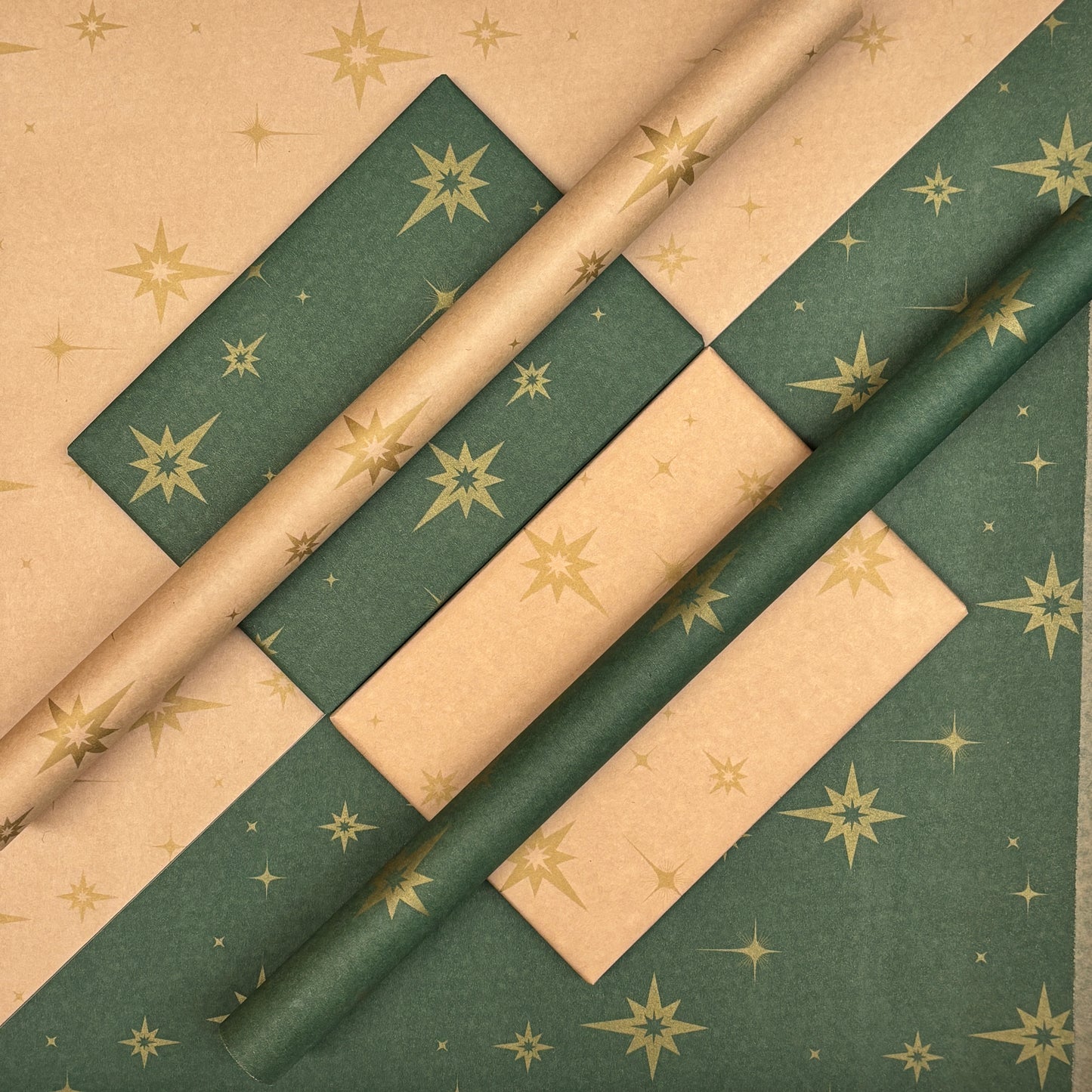 Wrapping Paper Christmas Green & Gold Stars 50CM Wide Eco Friendly, 100% Recycled Kraft | Recyclable, Sustainable, Plastic Free Gift Wrap