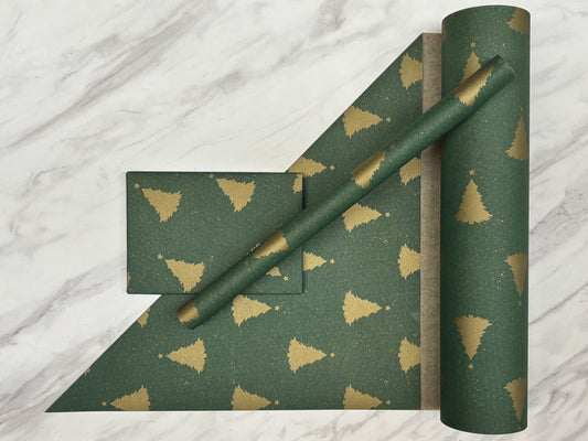 Wrapping Paper Christmas Green & Gold Trees 50CM Wide Eco Friendly, 100% Recycled Kraft | Recyclable, Sustainable, Plastic Free Gift Wrap