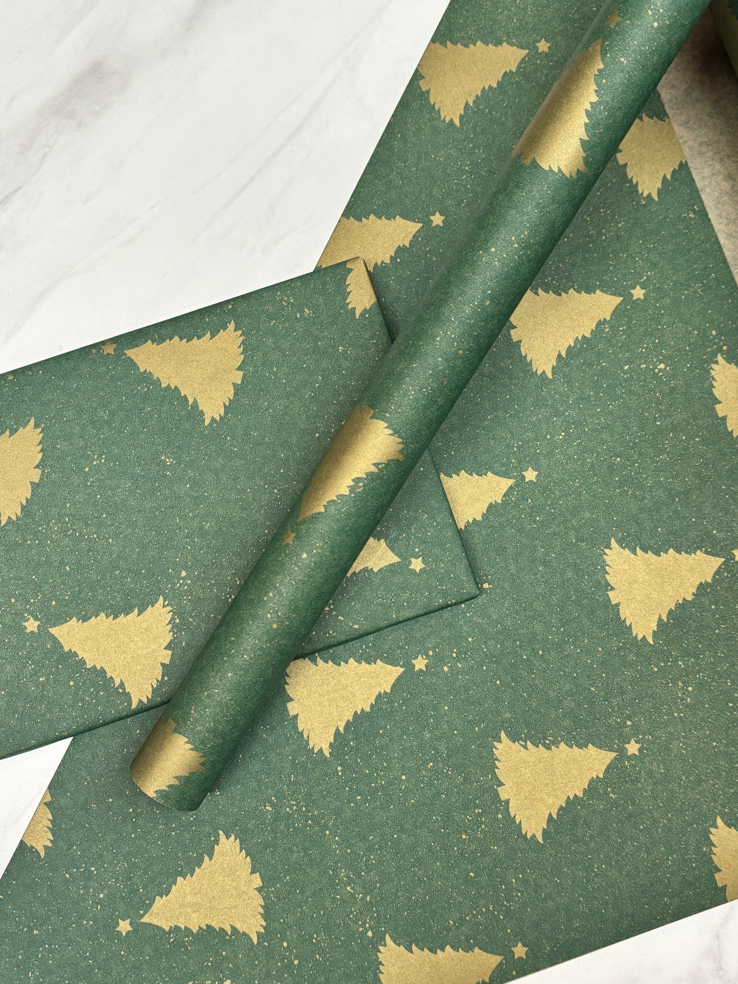 Wrapping Paper Christmas Green & Gold Trees 50CM Wide Eco Friendly, 100% Recycled Kraft | Recyclable, Sustainable, Plastic Free Gift Wrap