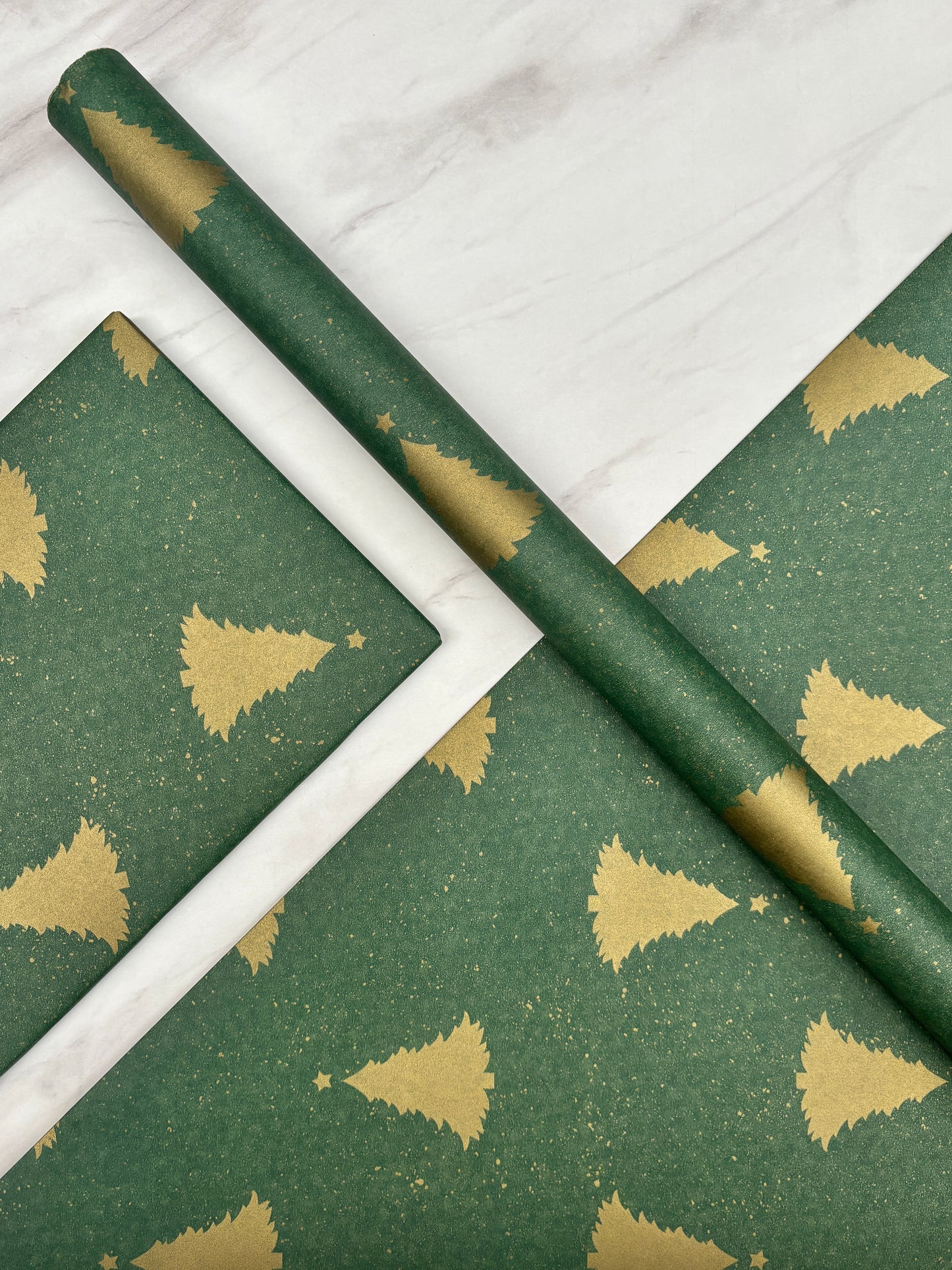 Wrapping Paper Christmas Green & Gold Trees 50CM Wide Eco Friendly, 100% Recycled Kraft | Recyclable, Sustainable, Plastic Free Gift Wrap