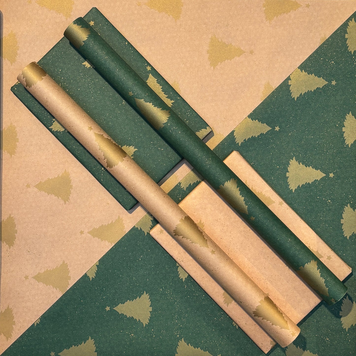 Wrapping Paper Christmas Green & Gold Trees 50CM Wide Eco Friendly, 100% Recycled Kraft | Recyclable, Sustainable, Plastic Free Gift Wrap