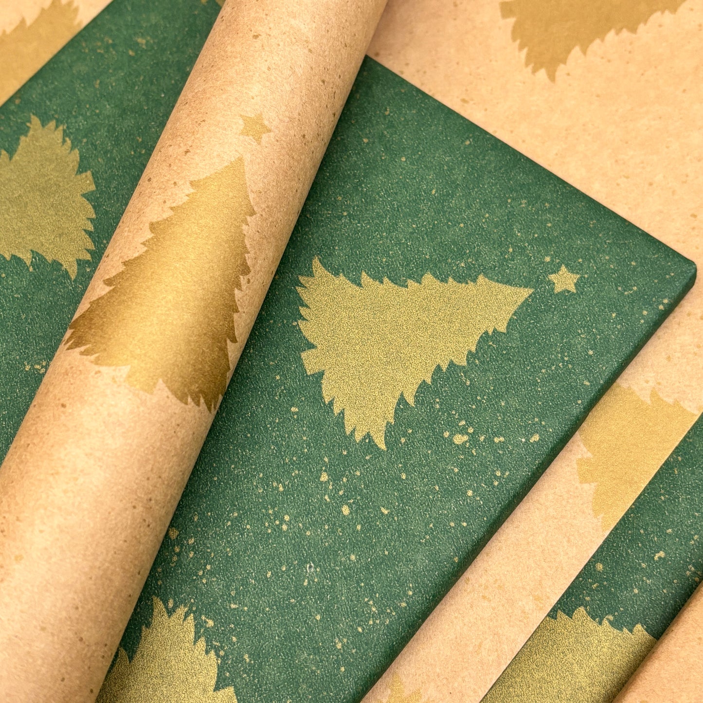 Wrapping Paper Christmas Green & Gold Trees 50CM Wide Eco Friendly, 100% Recycled Kraft | Recyclable, Sustainable, Plastic Free Gift Wrap