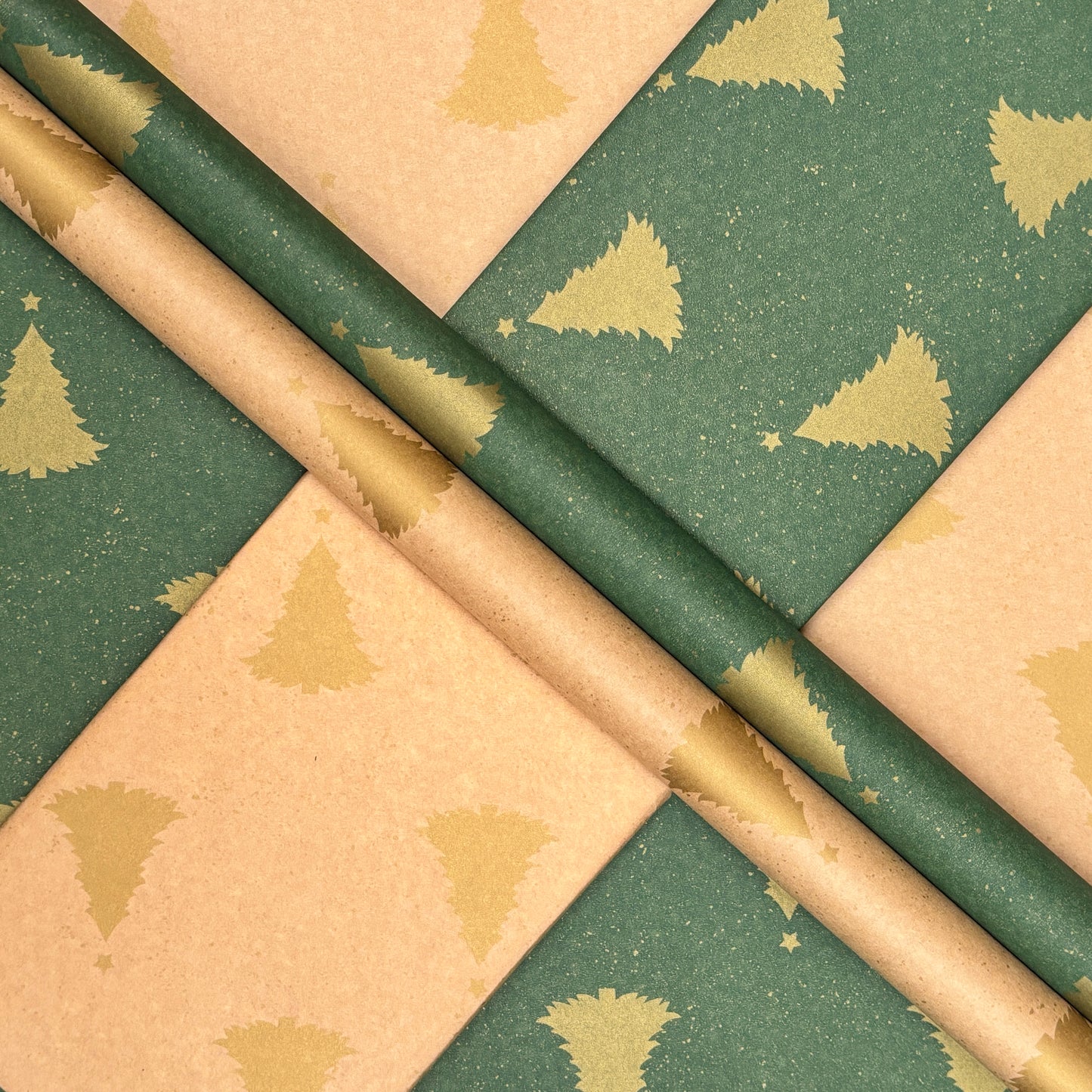 Wrapping Paper Christmas Green & Gold Trees 50CM Wide Eco Friendly, 100% Recycled Kraft | Recyclable, Sustainable, Plastic Free Gift Wrap