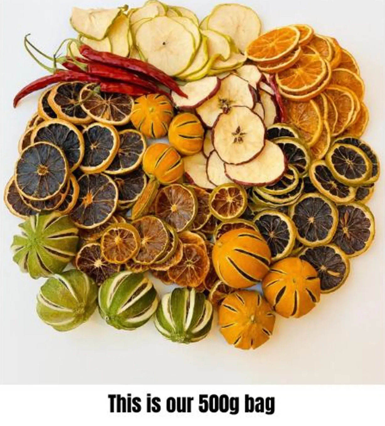 Decorative Dried Fruit Mix Contains Whole Oranges & Limes, Bellani Slices, Grapefruit Slices, Orange Slices, Lime Slices, Green & Red Apple Slices, Lemon Slices Mini Pumpkins, Chillies & Cupressus Cones.