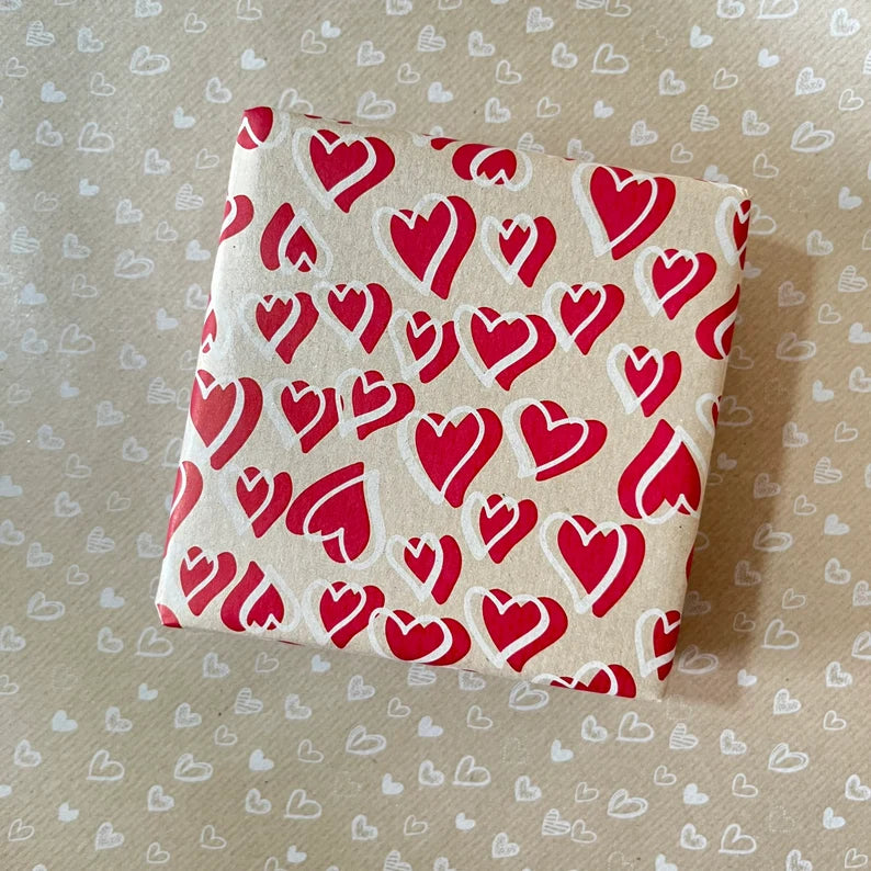 Wrapping Paper Red And White Hearts 50CM Wide Eco Friendly, 100% Recycled Kraft | Recyclable, Sustainable, Plastic Free Gift Wrap