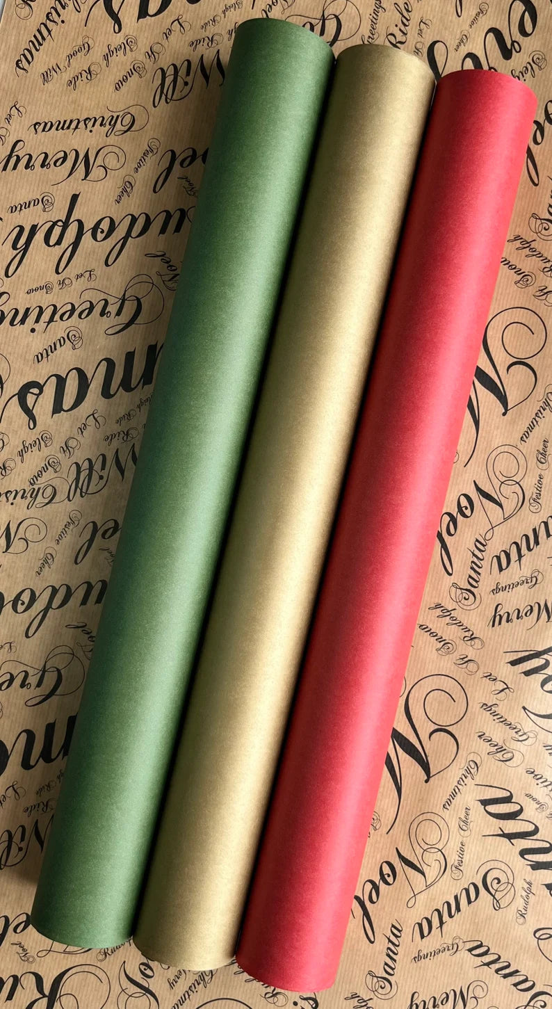 Wrapping Paper Christmas Gift Wrap Roll Green, Red, Gold Sustainable Eco Friendly Gift Wrapping Paper, 100% Recycled & Recyclable Kraft Pape