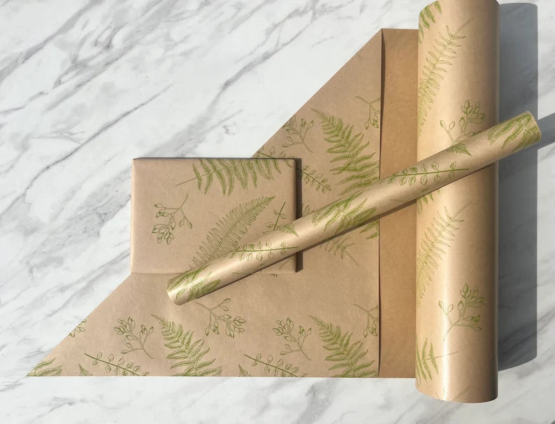 Wrapping Paper Botanical Foliage Ferns 50CM Wide Eco Friendly, 100% Recycled Kraft | Recyclable, Sustainable, Plastic Free Gift Wrap