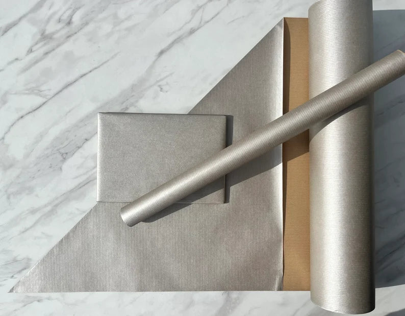 Wrapping Paper Metallic Silver Lined 50CM Wide Eco Friendly, 100% Recycled Kraft | Recyclable, Sustainable, Plastic Free Gift Wrap