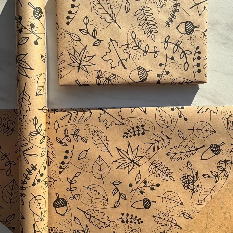 Wrapping Paper Autumnal Christmas 50CM Wide Eco Friendly, 100% Recycled Kraft | Recyclable, Sustainable, Plastic Free Gift Wrap