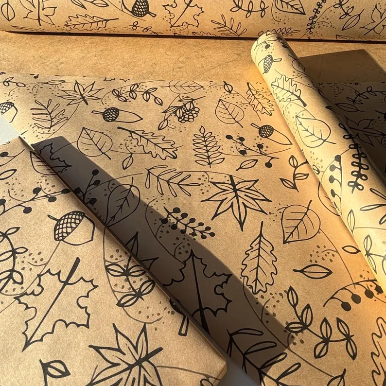 Wrapping Paper Autumnal Christmas 50CM Wide Eco Friendly, 100% Recycled Kraft | Recyclable, Sustainable, Plastic Free Gift Wrap