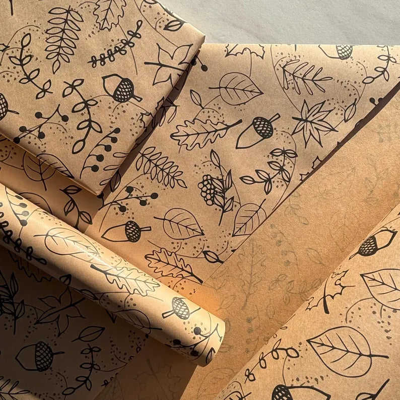 Wrapping Paper Autumnal Christmas 50CM Wide Eco Friendly, 100% Recycled Kraft | Recyclable, Sustainable, Plastic Free Gift Wrap