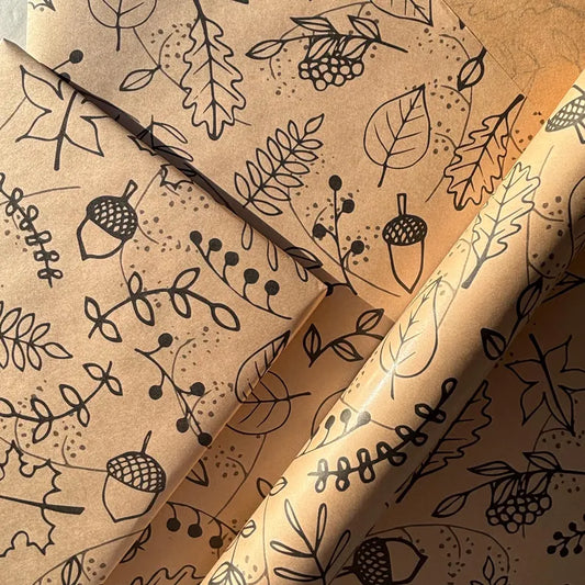 Wrapping Paper Autumnal Christmas 50CM Wide Eco Friendly, 100% Recycled Kraft | Recyclable, Sustainable, Plastic Free Gift Wrap
