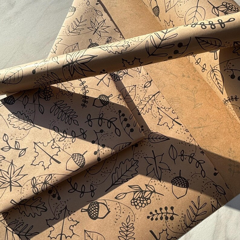 Wrapping Paper Autumnal Christmas 50CM Wide Eco Friendly, 100% Recycled Kraft | Recyclable, Sustainable, Plastic Free Gift Wrap