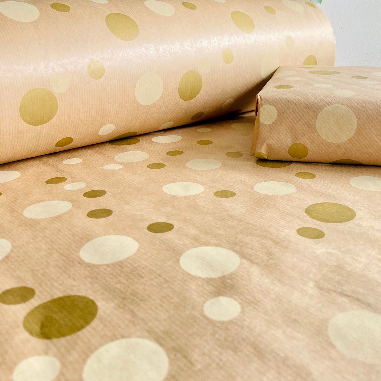 Wrapping Paper Gold Polka Dot 50CM Wide Eco Friendly, 100% Recycled Kraft | Recyclable, Sustainable, Plastic Free Gift Wrap