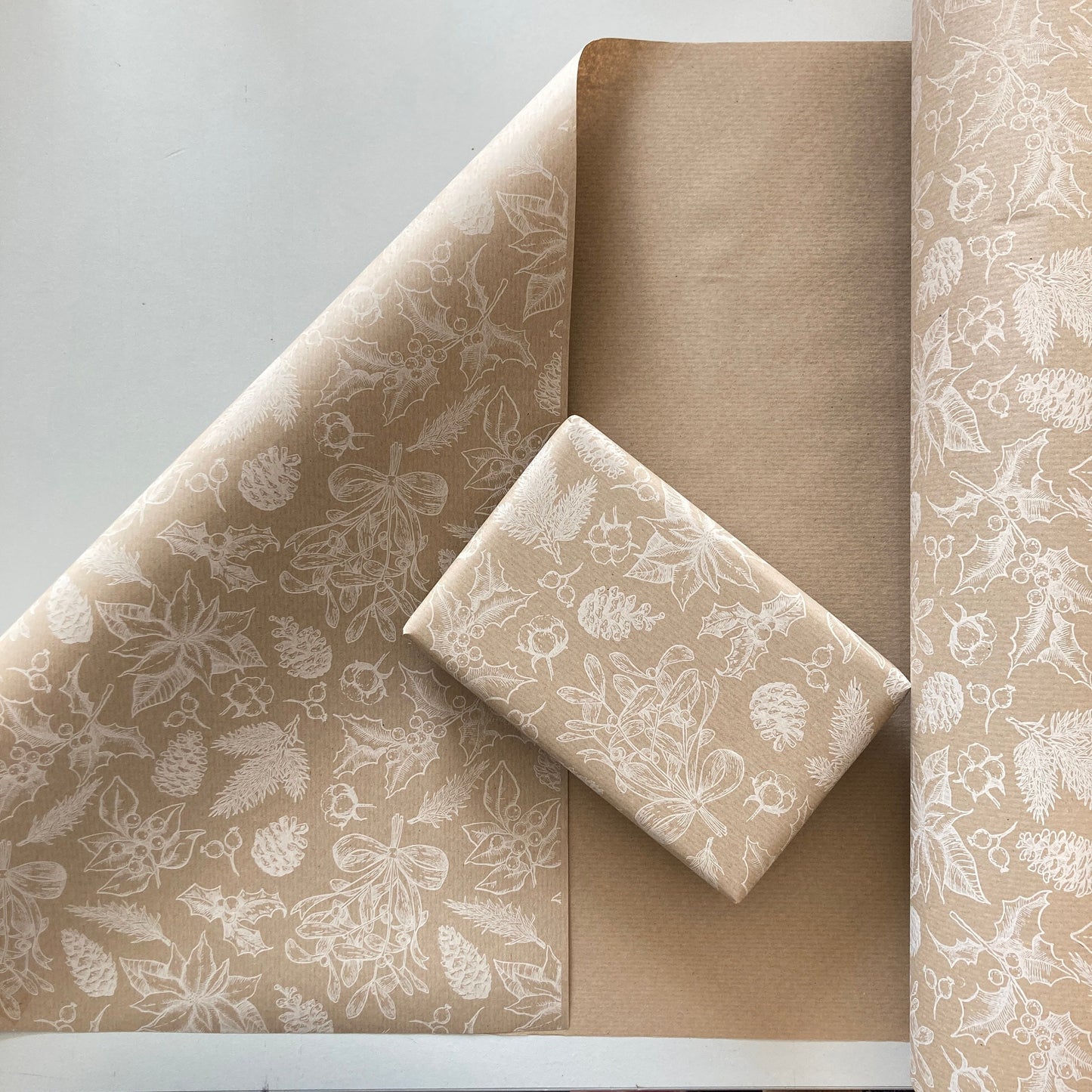 Christmas Wrapping Paper White Foliage 50CM Wide Eco Friendly, 100% Recycled Kraft | Recyclable, Sustainable, Plastic Free Gift Wrap