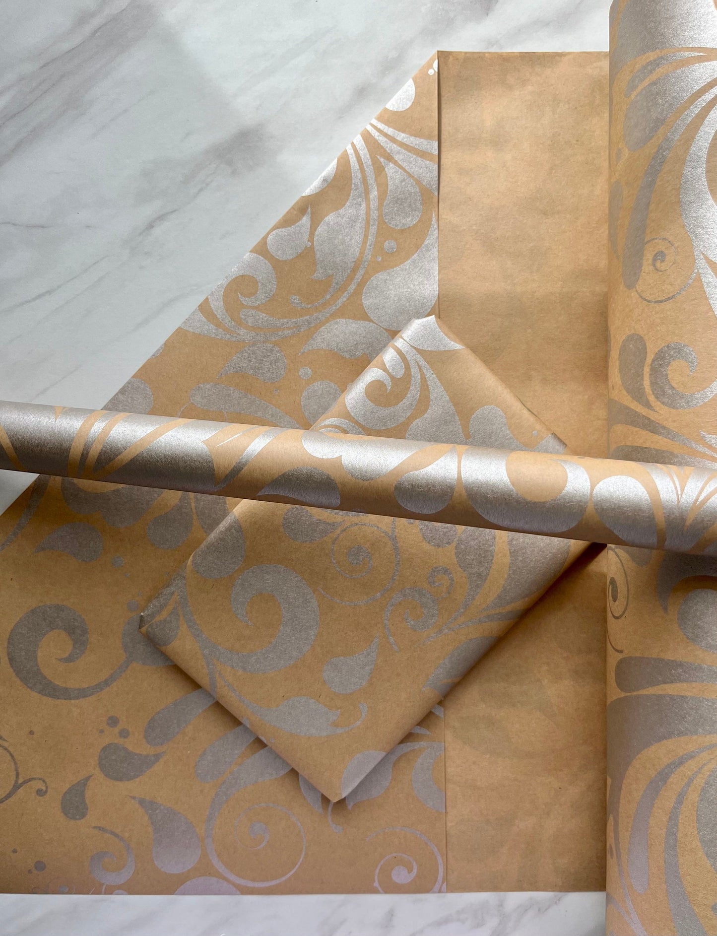 Wrapping Paper Silver Swish 50CM Wide Eco Friendly, 100% Recycled Kraft | Recyclable, Sustainable, Plastic Free Gift Wrap