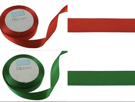 Christmas Red Or Green Satin Ribbon Roll 15 Metres Long 2 Centimetres Wide.
