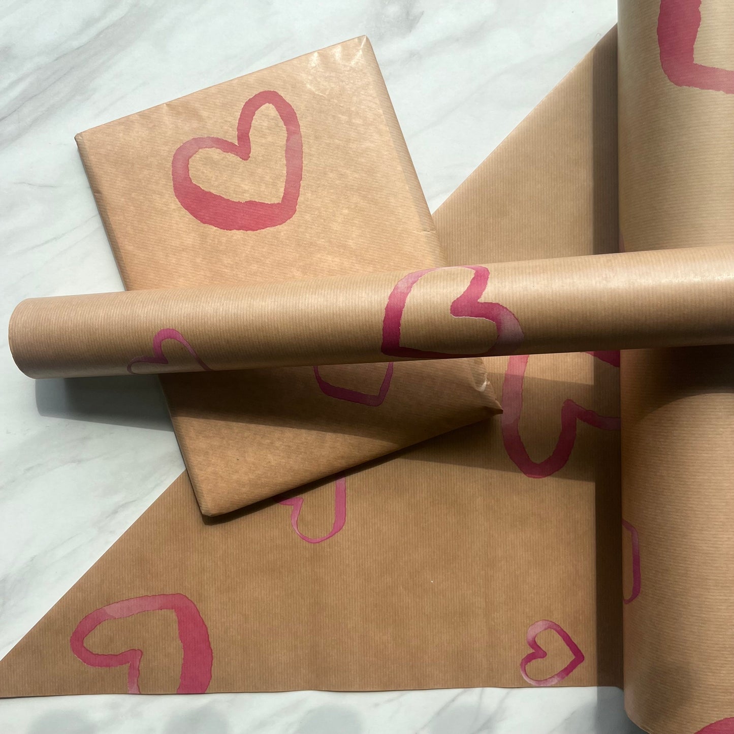 Wrapping Paper Pink Watercolour Hearts 50CM Wide Eco Friendly, 100% Recycled Kraft | Recyclable, Sustainable, Plastic Free Gift Wrap