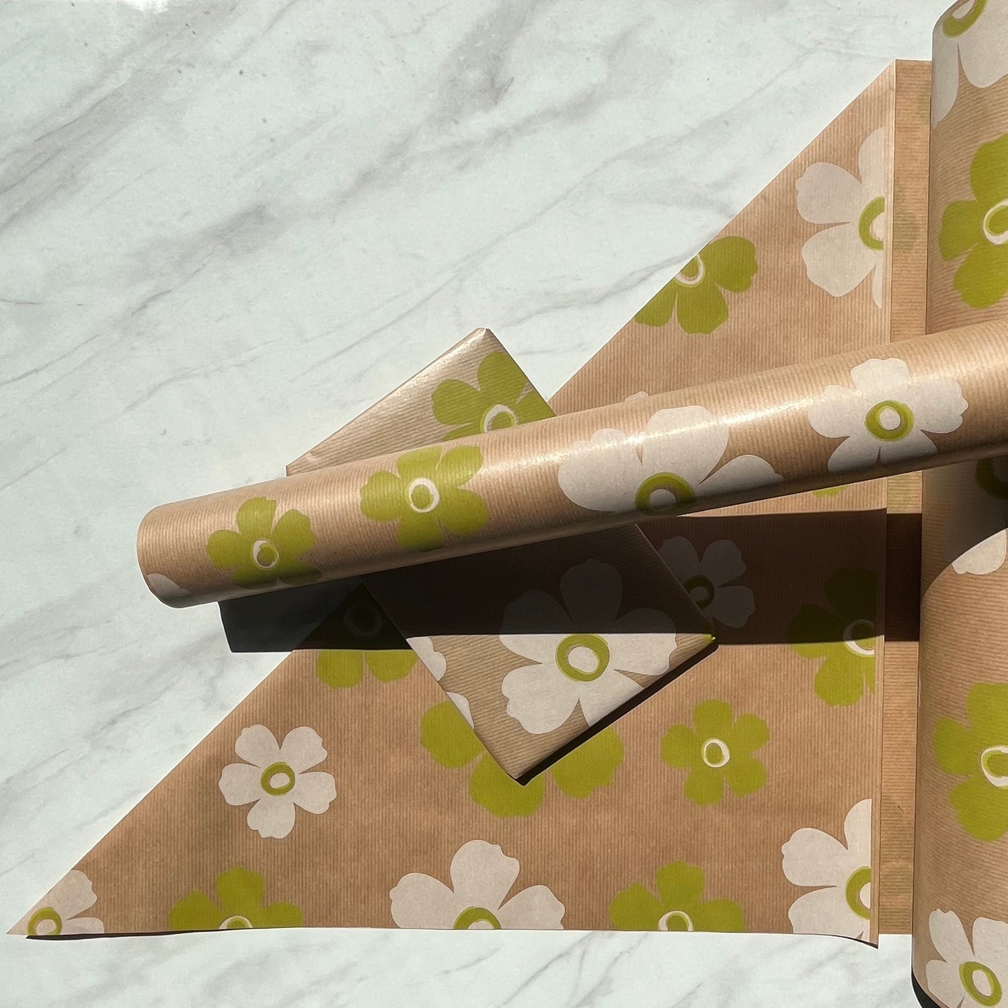 Wrapping Paper Green White Floral Print 50CM Wide Eco Friendly, 100% Recycled Kraft | Recyclable, Sustainable, Plastic Free Gift Wrap